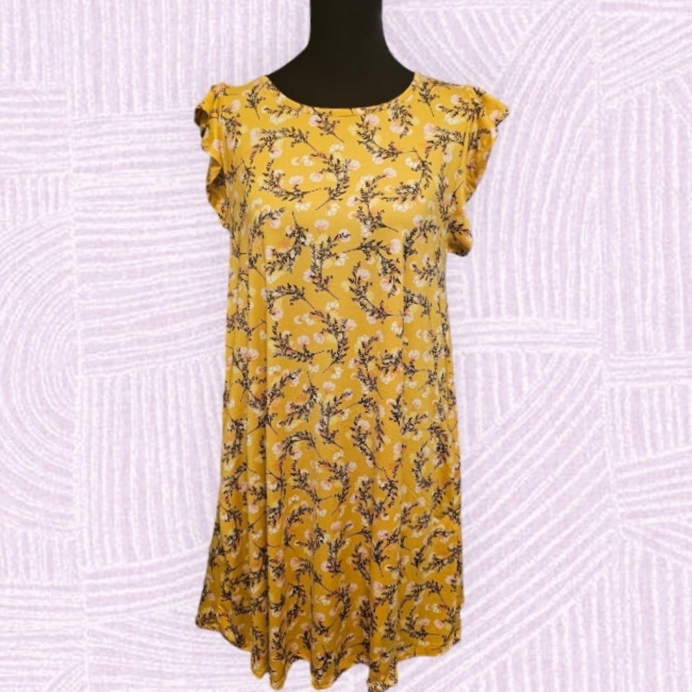 Ninexis Yellow Floral Print Flutter Sleeve Dress with Pockets Small